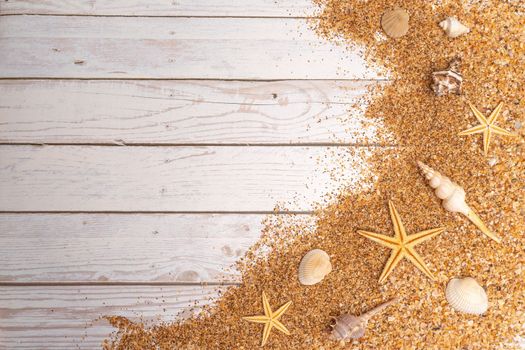 Sand seashells background. Summer time concept with sea shells and starfish on wooden background and sand.