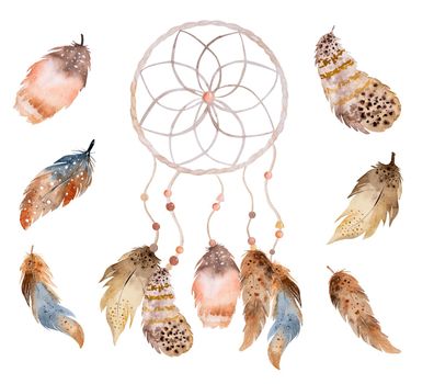 Tribal boho dreamcatcher watercolor ornament with aztec feathers. Traditional dream catcher ethnic wing painting