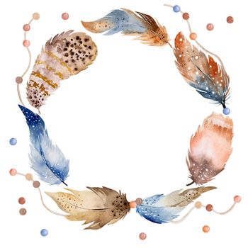 Tribal boho feathers wreath watercolor ornament with copy space. Traditional ethnic wing painting in indian style