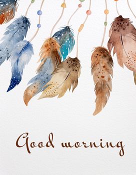 Tribal boho dreamcatcher watercolor ornament with aztec feathers and text good morning. Traditional dream catcher ethnic wing painting