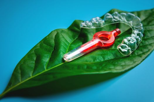 An interdental brush of bright color lies along with transparent braces on a juicy leaf from a flower, close-up.