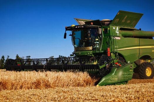 John Deere harvester works in the field. Combine Harvesting Wheat. Field field of cereals during harvesting. Modern equipment works. 07.07.22, Rostov region, Russia.