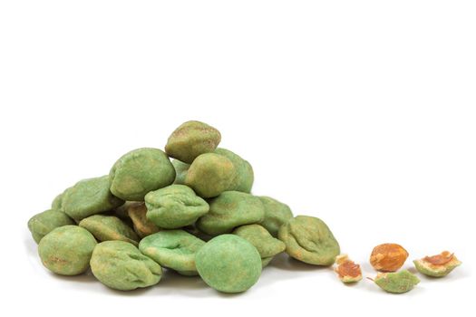 Pile of wasabi coated peanuts isolated on a white background