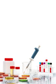 Research in laboratory analysis - Test tubes and Petri dishes with blood samples for analysis on table in laboratory urine sample