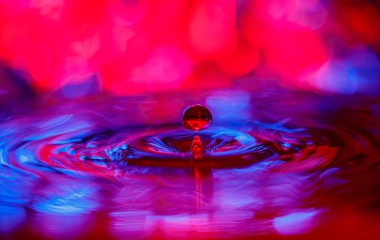 A transparent drop with a red-violet background falls into the water. Abstract colorful background