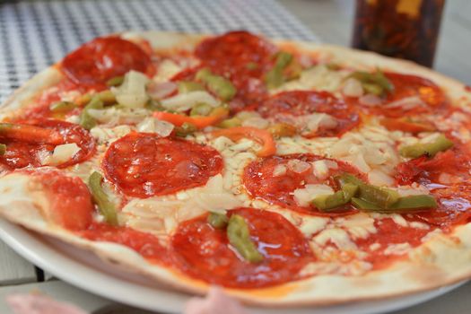 Pizza with chorizo salami Sharp sausages and pepper