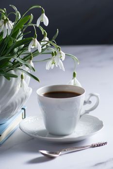 Still life with white snowdrops in a ceramic vase in the form of a swan, coffee in a white cup, conceptual morning ritual whith a book.High quality photo