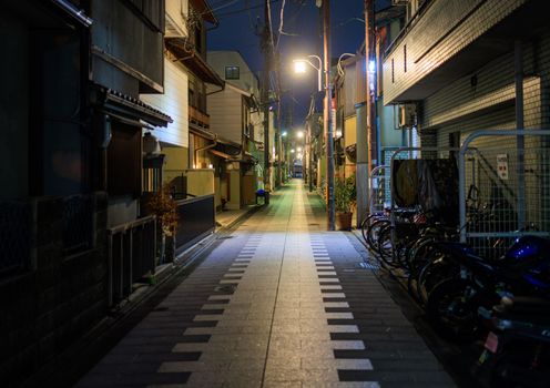 Quiet street in residential Kyoto neighborhood at night. High quality photo