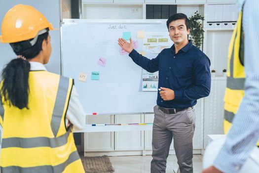 Entrepreneur brainstorming ideas with his competent engineers in the office. Architectural investors and engineers working on an upcoming project in a fun and friendly environment.