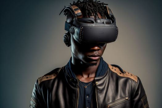 African man wearing virtual reality goggles standing studio clean background . Concept of virtual reality technology , gaming simulation and metaverse. Peculiar AI generative image.