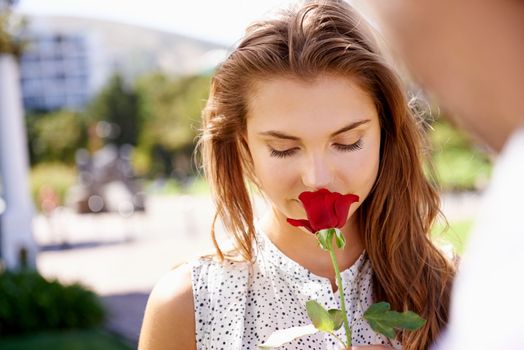 Woman, smelling rose and outdoor for valentines day date at a city park with love, romance and beauty. Face of person with red flower as gift or present to celebrate Paris couple holiday in summer.