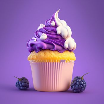 A cake with purple white cream on a purple background. Generative AI.