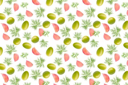 Creative levitation pattern with olives, garlic and dill. Selective focus. Isolated fruit. Packaging texture concept. Banner image for package design.