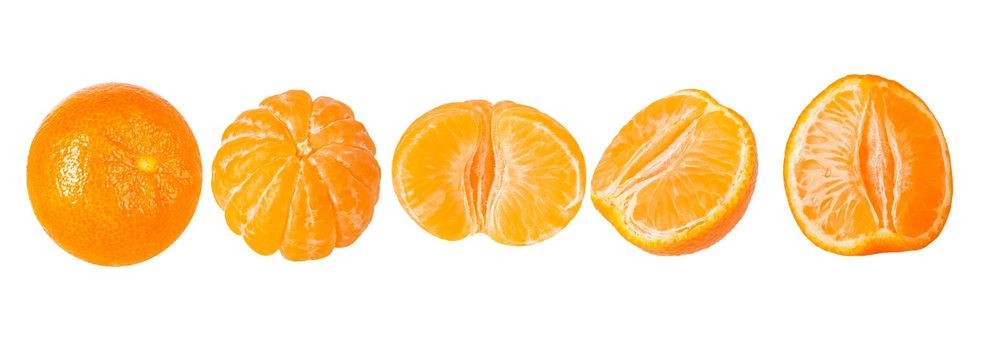 Isolated fruit set. Collection of 5 whole peeled, segment tangerine fruits isolated, top view on white background.