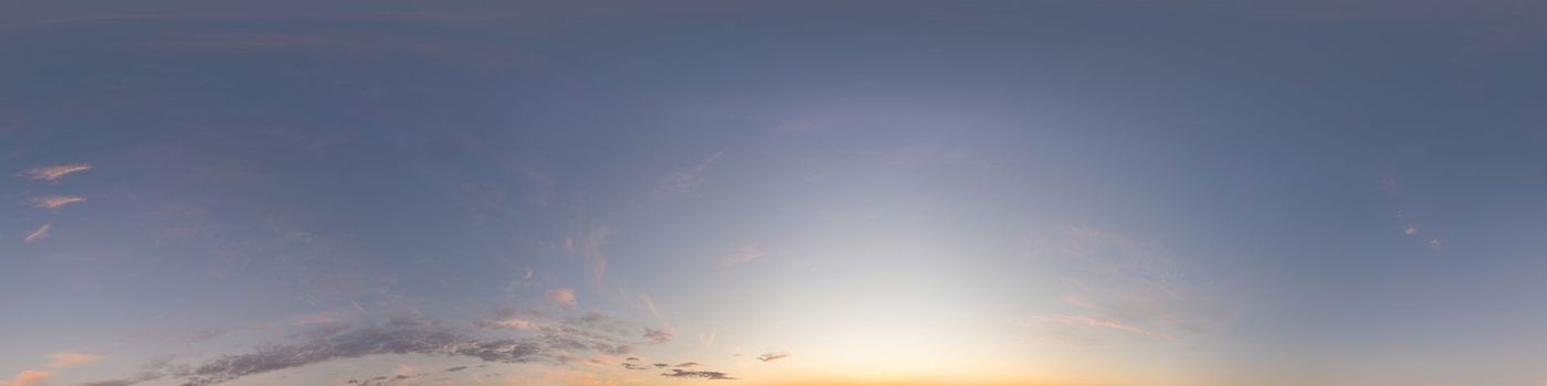 Dark blue sunset sky panorama with pink Cumulus clouds. Seamless hdr 360 pano in spherical equirectangular format. Full zenith for 3D visualization, game, sky replacement for aerial drone panoramas