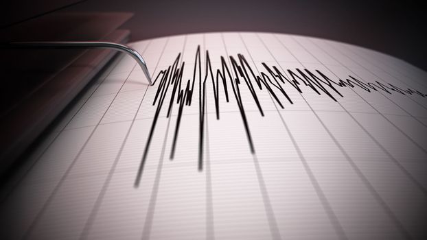 Seismograph data of a large earthquake. Seismic waves on the report page. 3D illustration.