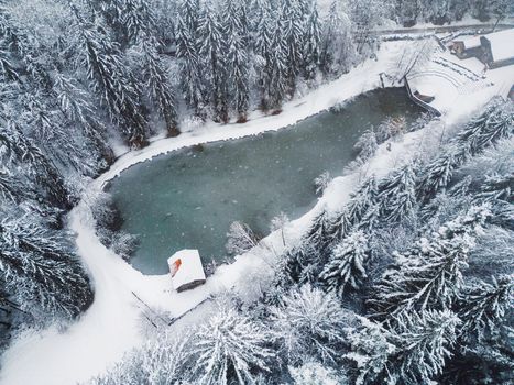 Beautiful winter nature, white snow covering the land, trees covered in snow, branches cracking under the weight. Frozen winter lake, beautiful winter scenery.