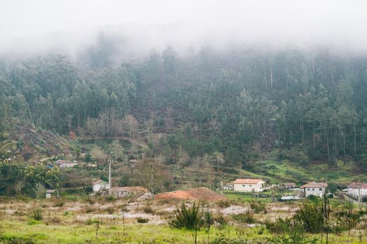 View of north Portuguese towns covered by clouds and surrounded by forest.