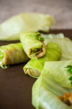 Raw cabbage rolls stuffed with meat and mushrooms. Cooking process.