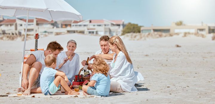 Beach, umbrella and happy family relax on vacation, summer travel and tropical holiday in sunshine. Big family, ocean and sea sand for calm, peace and love, care and quality time together on picnic.