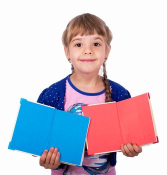 Cute little girl with open books in her hands