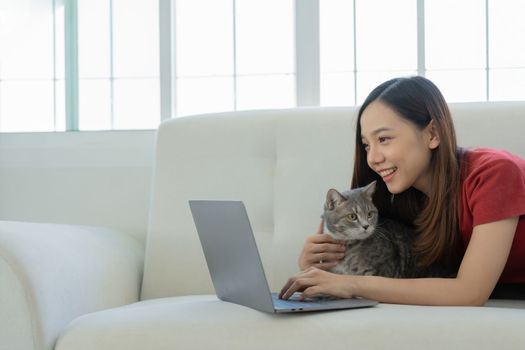An attractive young woman is working on a laptop while sitting on sofa at home with a cute assistant cat.