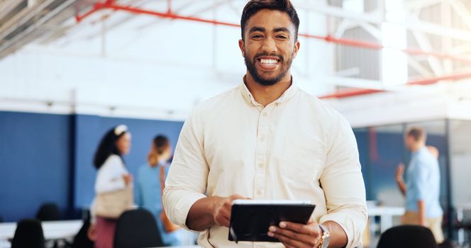 Tablet, planning and face smile of a businessman for web design, research and communication on mobile app. Website, happy and portrait of a designer on the internet for inspiration and ideas.