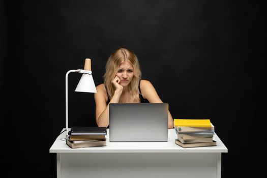 Indignant stressed businesswoman having problem with laptop, frustrated woman fed up with bad news online or virus from internet, critical fatal error, all data loss