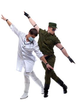 Full length portrait of two strippers dancing