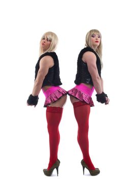 Full length portrait of two transvestites in white wigs. Isolated on white