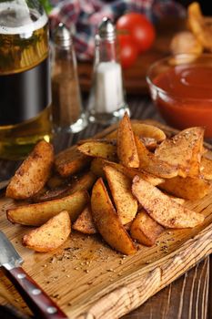 Rustic spicy fried potato slice on a wooden plate, with tomato sauce and beer