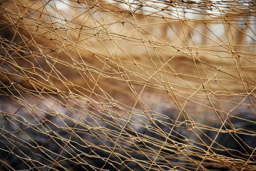 Large mesh net for catching animals. Rescue and relocation of animals. Background from the net. Nets for catching wild animals in the forest. Trapping game animals. Unraveling trapping nets.