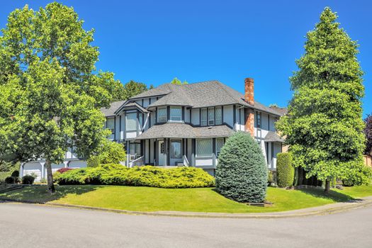 Big residential house on the street with brick chimney and steps leading to front yard