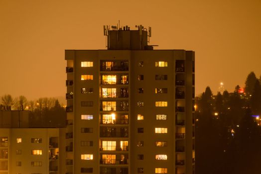 Suburban area in lights on winter night.