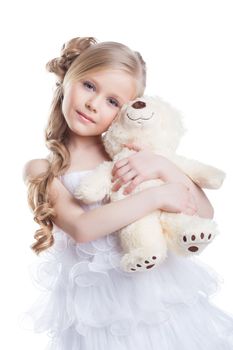 Image of beautiful girl with teddy bear on white background