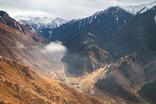 Top view of the big Almaty gorge and the bear gorge and the visit center ayusai on crossroad.