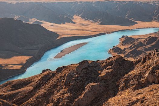 River view in rocky gorge, Central asian nature landscape.