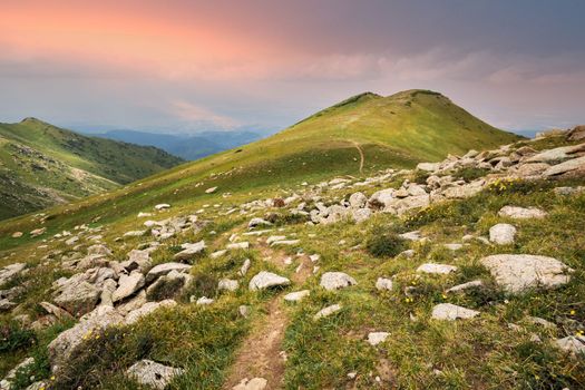 View of Mount Furmanov from the side of the Furmanov hiking trail - Panorama peak in the Almaty mountains.