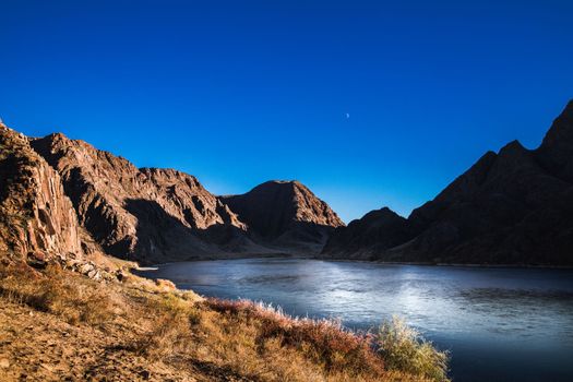 Suset rocky picturesque landscape with the Ili river in the Almaty region of Qazaqstan.