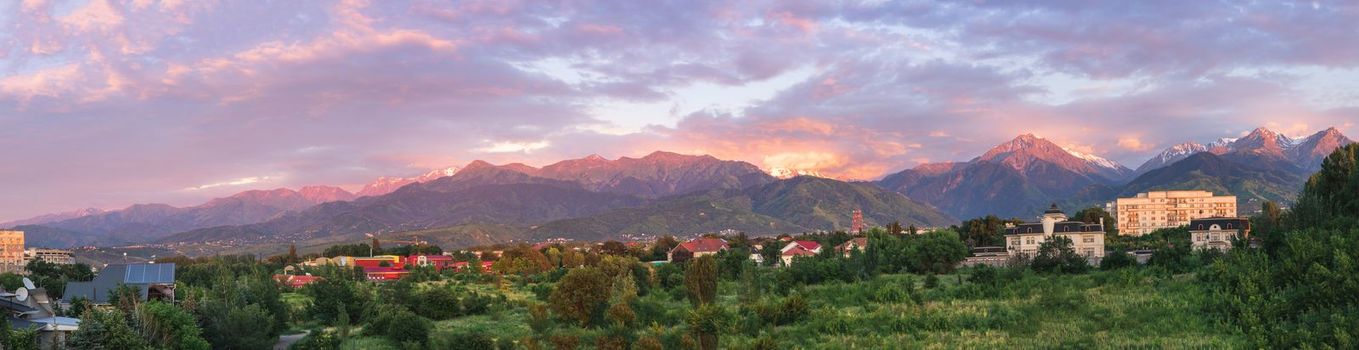 Panorama of the city of Almaty immersed in summer greenery against the backdrop of mountains in sunset lighting. Almaty, Kazakhstan - June 18, 2022