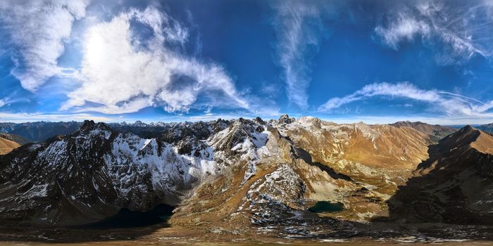 panoramic shot of a mountain range in summer on a sunny cloudless day. bare rocky cliffs.