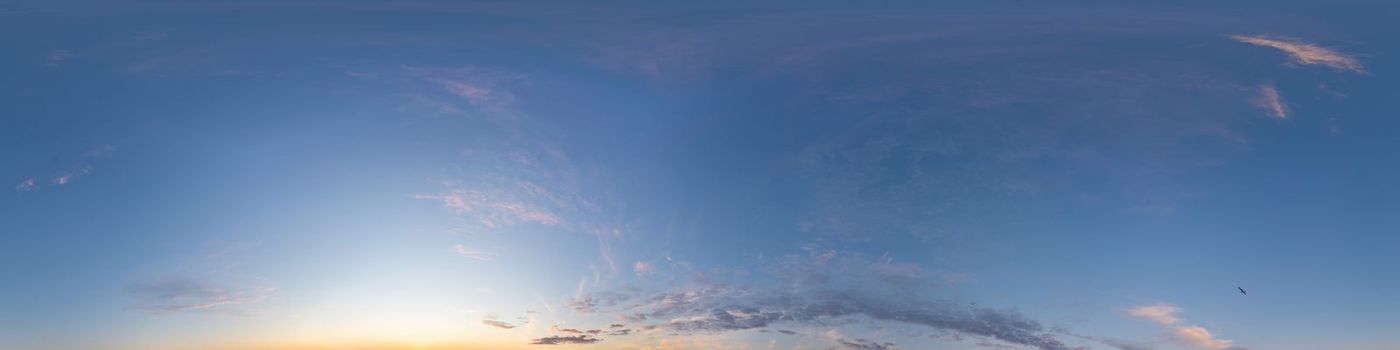 Dark blue sunset sky panorama with pink Cumulus clouds. Seamless hdr 360 pano in spherical equirectangular format. Full zenith for 3D visualization, game, sky replacement for aerial drone panoramas
