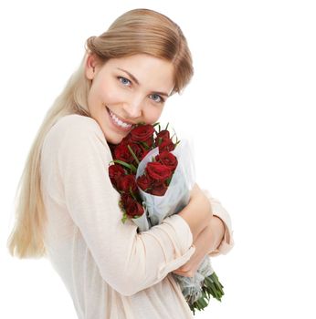 Woman with roses, smile in portrait with gift for Valentines day, love and nature isolated on white background. Happiness, romance and female hug red bouquet with holiday celebration and mockup space.
