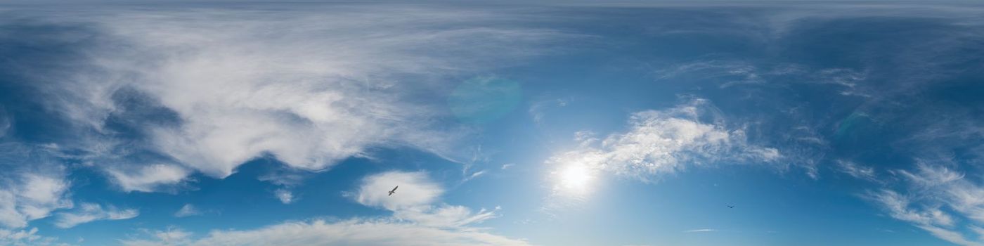 Sky panorama with Cirrus clouds in Seamless spherical equirectangular format. Full zenith for use in 3D graphics, game and editing aerial drone 360 degree panoramas for sky replacement