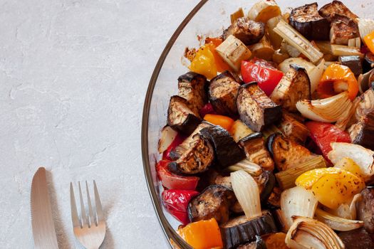 oven dish with baked vegetables, family size, top view, copy space