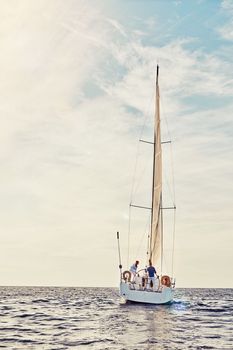 Couple, retirement or luxury sailing yacht on ocean, sea or water vacation holiday, hobby break or Greece summer. Man, woman or people on investment boat in success travel location for nature freedom.