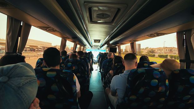 Tourist bus with tourists in Dubai. UAE