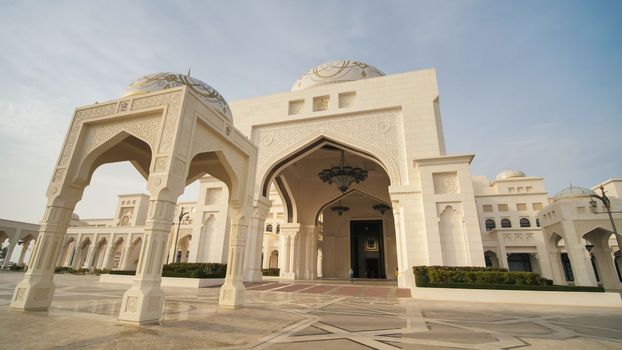 View of white domes of main entrance to Presidential Palace, with designed floor