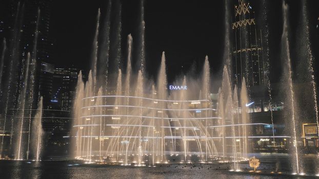 Dancing fountains in Dubai in the evening