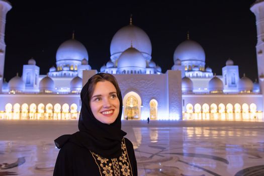 Portrait of a girl in hijab in a mosque